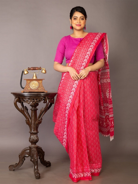 

Unnati Silks Women Pink & White Ethnic Motifs Pure Cotton Saree