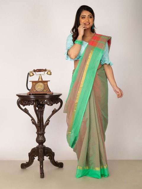 

Unnati Silks Red & Green Striped Pure Cotton Mangalagiri Saree