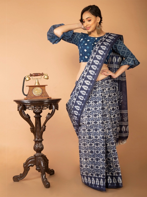 

Unnati Silks Blue & White Printed Pure Cotton Kovai Saree