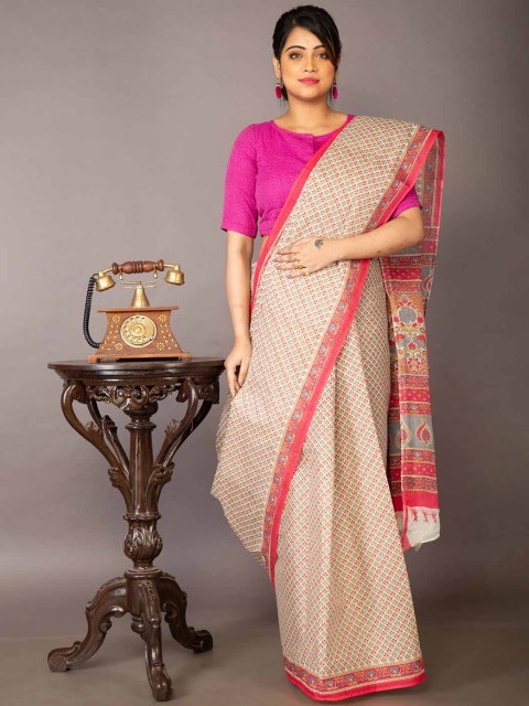 

Unnati Silks Cream-Coloured & Pink Ethnic Motifs Pure Cotton Handloom Kovai Saree