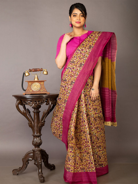 

Unnati Silks Brown & Pink Ethnic Motifs Block Printed Pure Cotton Saree