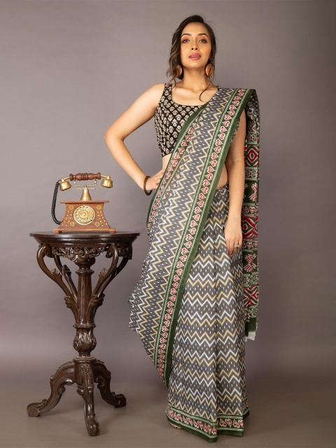 

Unnati Silks Grey & White Ethnic Motifs Pure Cotton Kovai Saree