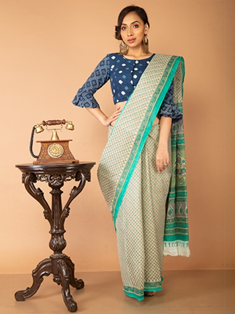

Unnati Silks Cream-Coloured & Green Ethnic Motifs Pure Cotton Kovai Saree