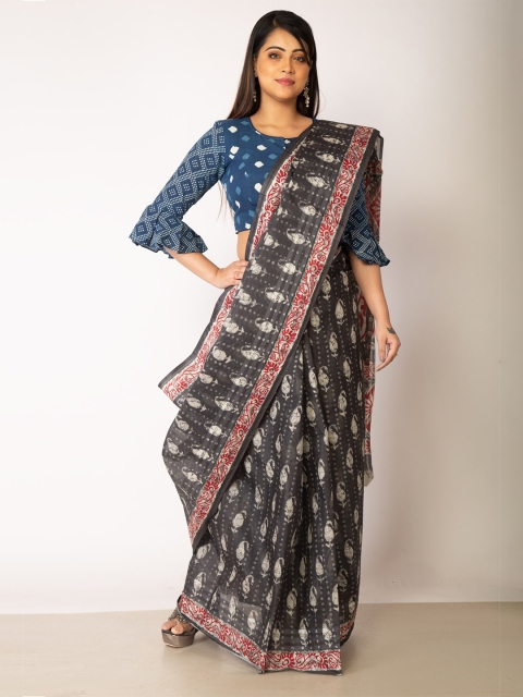 

Unnati Silks Grey & White Dabu Pure Cotton Kovai Saree