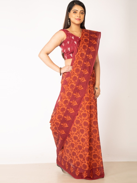 

Unnati Silks Orange & Red Floral Pure Cotton Kovai Saree