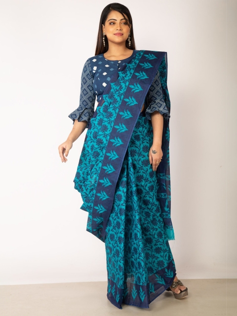 

Unnati Silks Blue Ethnic Motifs Pure Cotton Kovai Saree