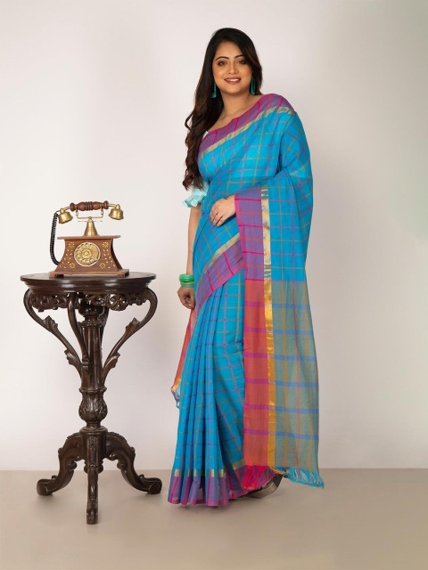 

Unnati Silks Blue & Lavender Checked Zari Pure Cotton Mangalagiri Saree