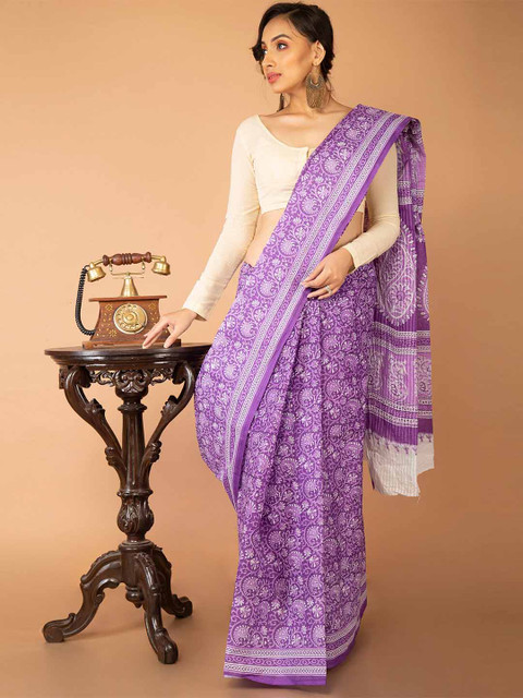 

Unnati Silks Women Violet & White Block Printed Pure Cotton Saree