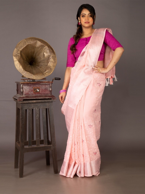 

Unnati Silks Pink & Silver-Toned Woven Design Zari Linen Blend Jamdani Saree