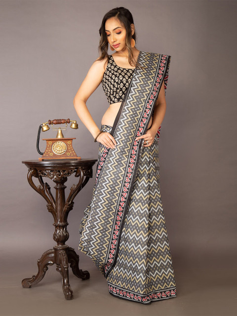 

Unnati Silks Grey & White Ethnic Motifs Pure Cotton Kovai Saree