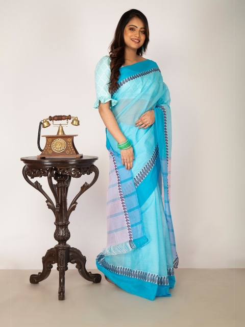

Unnati Silks Women Blue & Navy Blue Woven Design Zari Pure Cotton Mangalagiri Saree