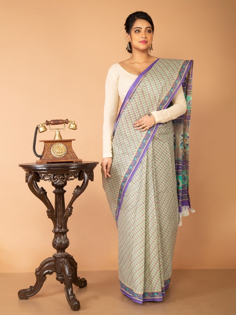 

Unnati Silks Cream-Coloured & Purple Ethnic Motifs Pure Cotton Kovai Saree
