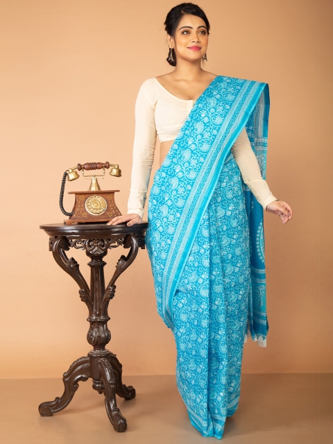 

Unnati Silks Blue & White Ethnic Motifs Pure Cotton Kovai Saree
