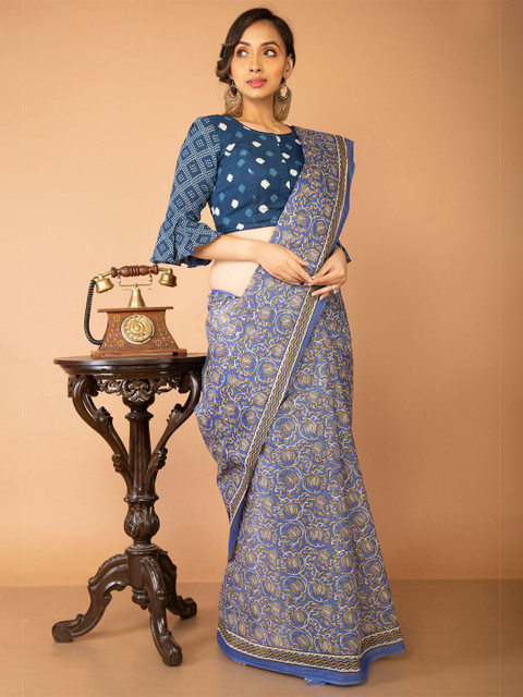 

Unnati Silks Blue & Grey Printed Pure Cotton Kovai Saree