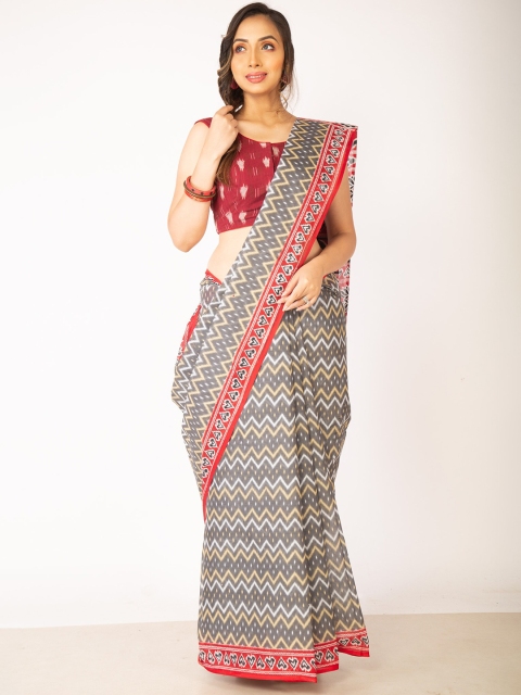 

Unnati Silks Grey & Red Block Printed Pure Cotton Saree