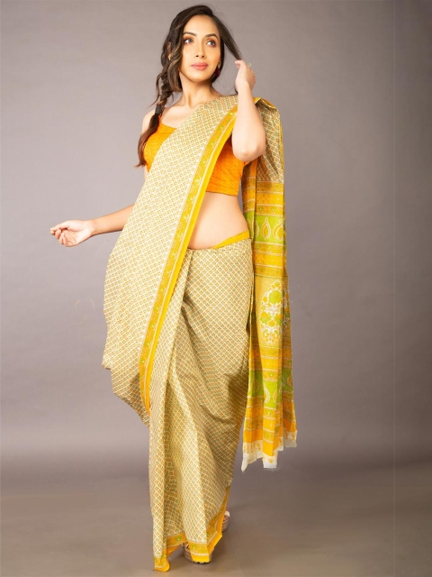 

Unnati Silks Cream-Coloured & Yellow Floral Pure Cotton Kovai Saree