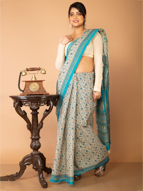 

Unnati Silks Cream-Coloured & Blue Ethnic Motifs Pure Cotton Kovai Saree