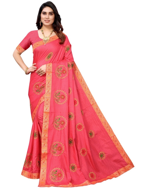 

KALINI Pink & Gold-Toned Floral Embroidered Silk Blend Saree