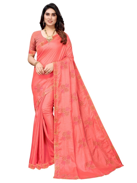 

KALINI Peach-Coloured Embellished Embroidered Silk Blend Saree