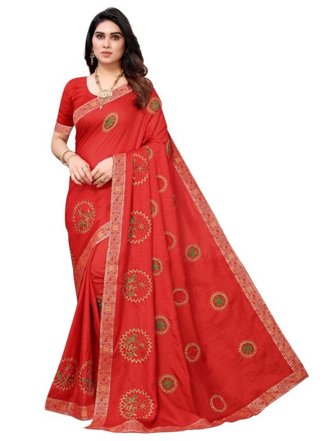 

KALINI Women Red & Gold-Toned Ethnic Motifs Silk Blend Saree