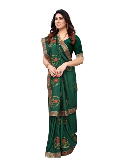 

KALINI Green & Gold-Toned Ethnic Motifs Embroidered Silk Blend Saree