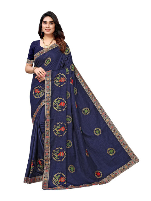 

KALINI Navy Blue & Red Embellished Embroidered Silk Blend Saree