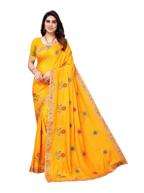 

KALINI Mustard & Red Embellished Embroidered Silk Blend Saree