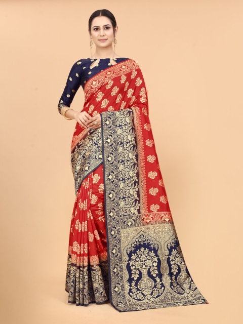 

WELL WORN Magenta & Navy Blue Woven Design Silk Cotton Banarasi Saree