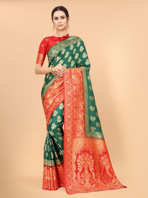 

WELL WORN Orange & Green Woven Design Zari Silk Cotton Banarasi Saree