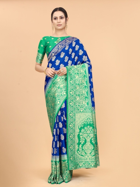 

WELL WORN Blue & Green Floral Silk Cotton Banarasi Saree