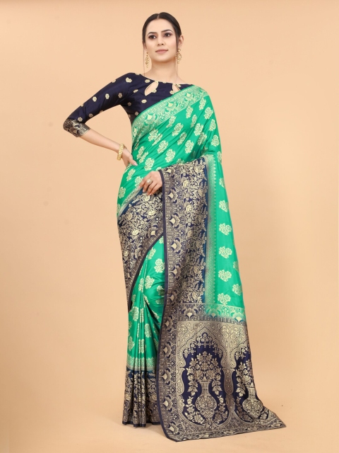 

WELL WORN Green & Navy Blue Woven Design Silk Cotton Banarasi Saree