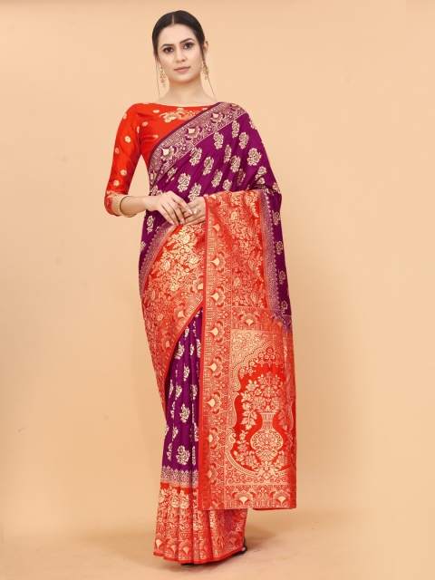 

WELL WORN Women Purple & Orange Woven Design Zari Silk Cotton Banarasi Saree