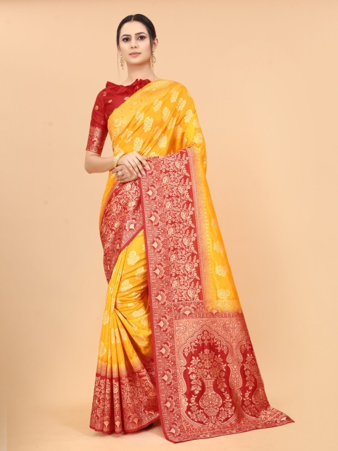 

WELL WORN Gold-Toned & Red Woven Design Zari Silk Cotton Banarasi Saree