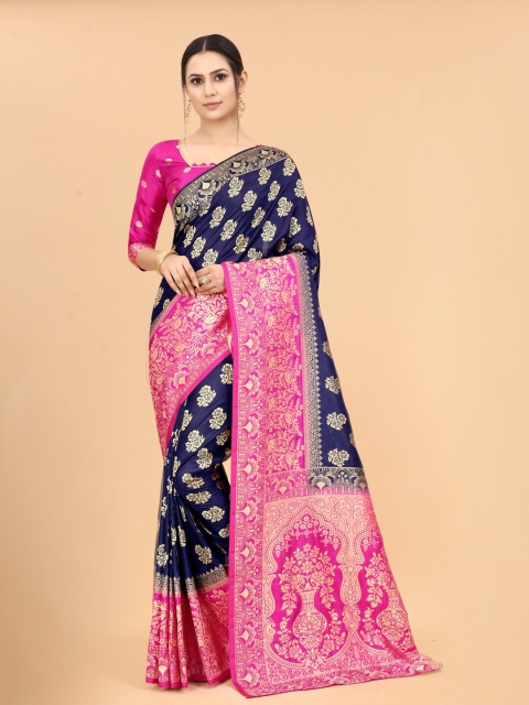 

WELL WORN Women Navy Blue & Pink Woven Design Zari Silk Cotton Banarasi Saree