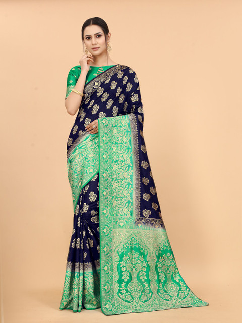 

WELL WORN Navy Blue & Green Woven Design Zari Silk Cotton Banarasi Saree