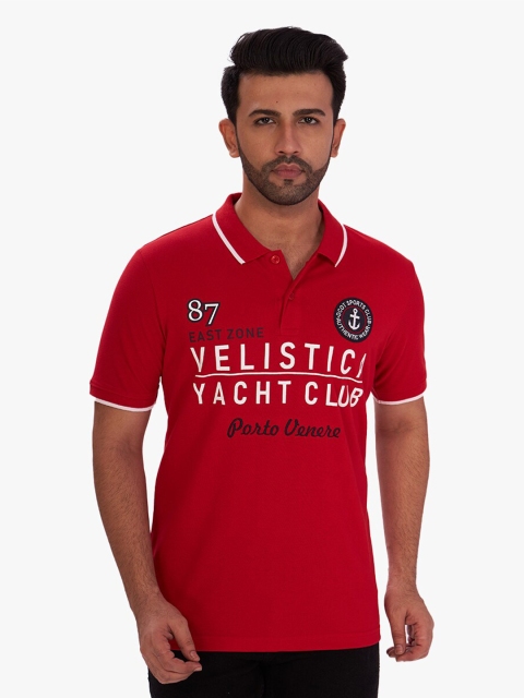 

DCot By Donear Men Red Typography Printed Polo Collar Pure Cotton Applique T-shirt