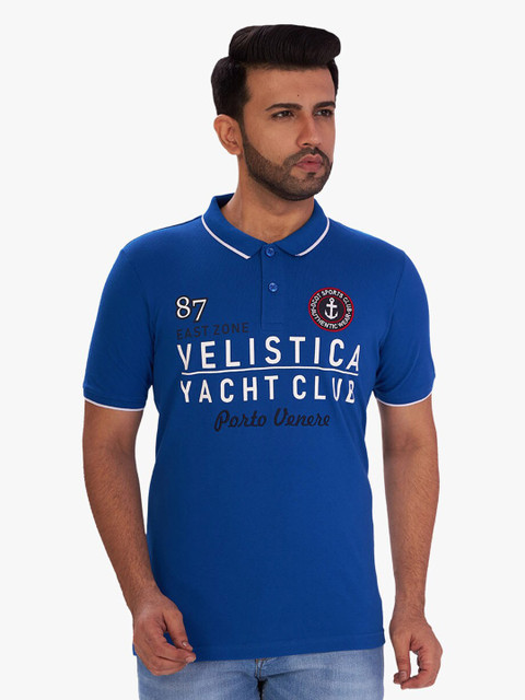 

DCot By Donear Men Blue Typography Polo Collar Pure Cotton Applique T-shirt