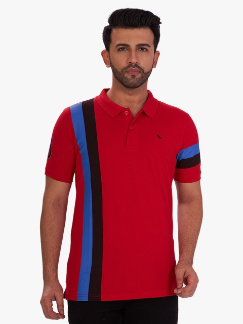 

DCot By Donear Men Red Colourblocked Polo Collar Pure Cotton Applique T-shirt