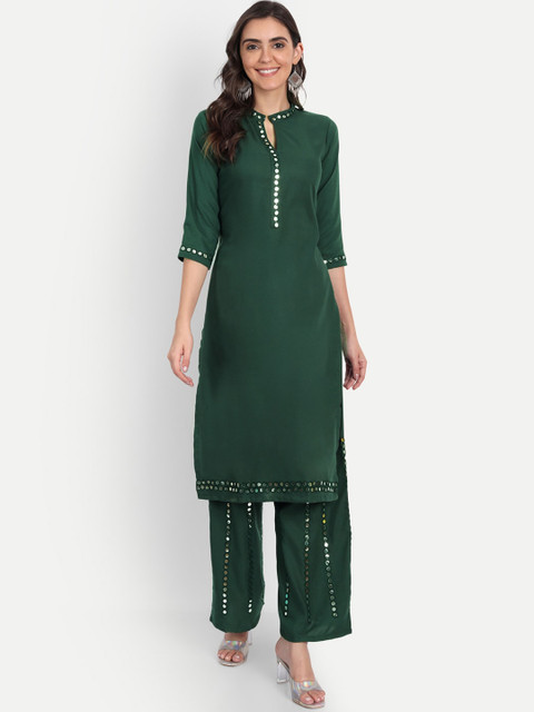 

ASPORA Women Green Aari Work Kurta with Palazzo