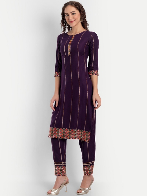 

ASPORA Women Purple Foil Printed and Mirror Work Kurta with Trousers & Dupatta