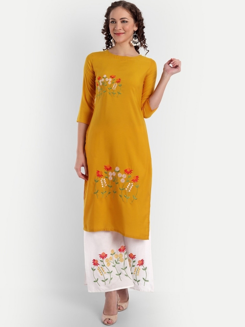 

ASPORA Women Yellow Floral Embroidered Kurta with Palazzos