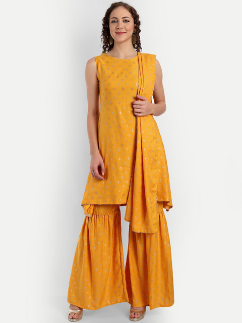 

ASPORA Women Yellow Ethnic Motifs Layered Kurti with Sharara & With Dupatta