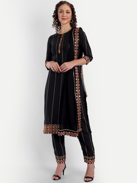 

ASPORA Women Black Printed Mirror Work Kurta with Trousers & With Dupatta
