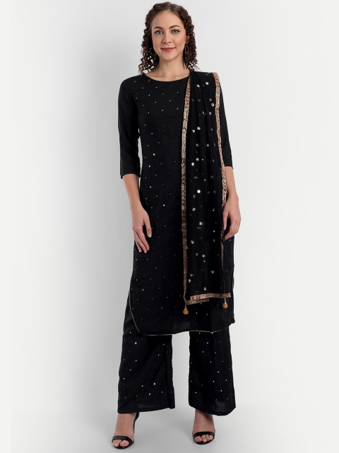 

ASPORA Women Black Embroidered Sequinned Kurta with Trousers & With Dupatta