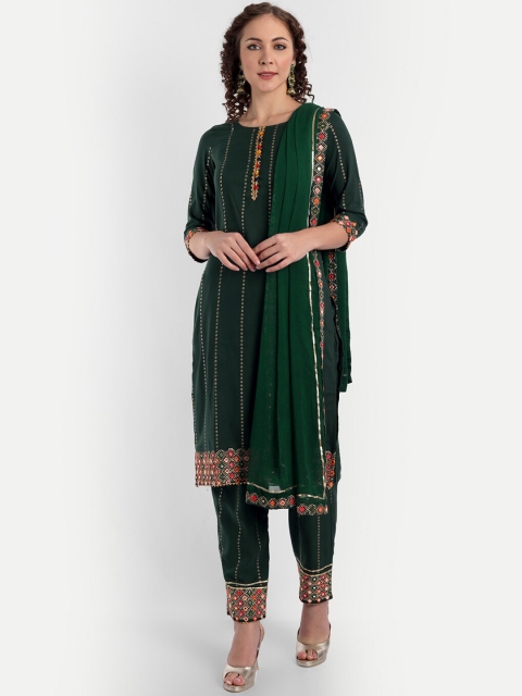 

ASPORA Women Green Embroidered Mirror Work Kurta with Trousers & With Dupatta