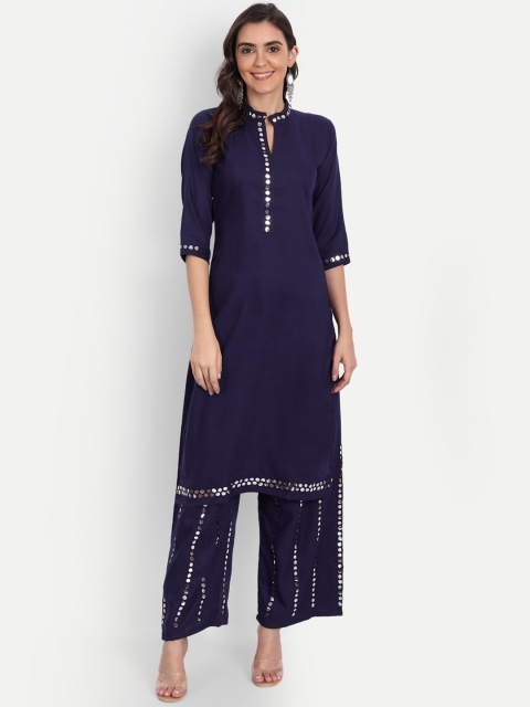 

ASPORA Women Blue Ethnic Motifs Embroidered Aari Work Kurta with Palazzos