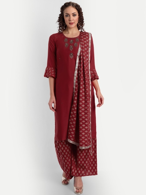 

ASPORA Women Maroon Embroidered Panelled Kurti with Palazzos & With Dupatta