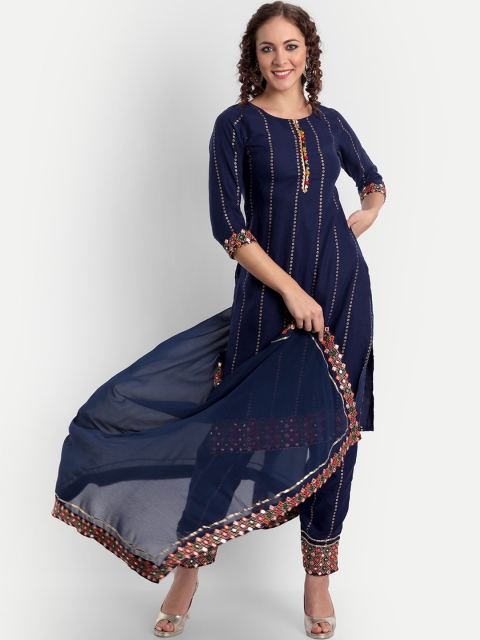 

ASPORA Women Blue Embroidered Mirror Work Kurti with Trousers & With Dupatta