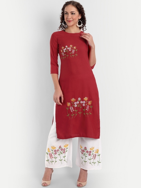 

ASPORA Women Red Floral Embroidered Rayon Kurta with Palazzo