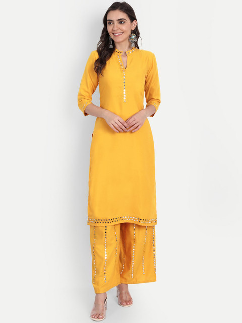 

ASPORA Women Yellow Panelled Aari Work Viscose Rayon Kurta with Palazzos